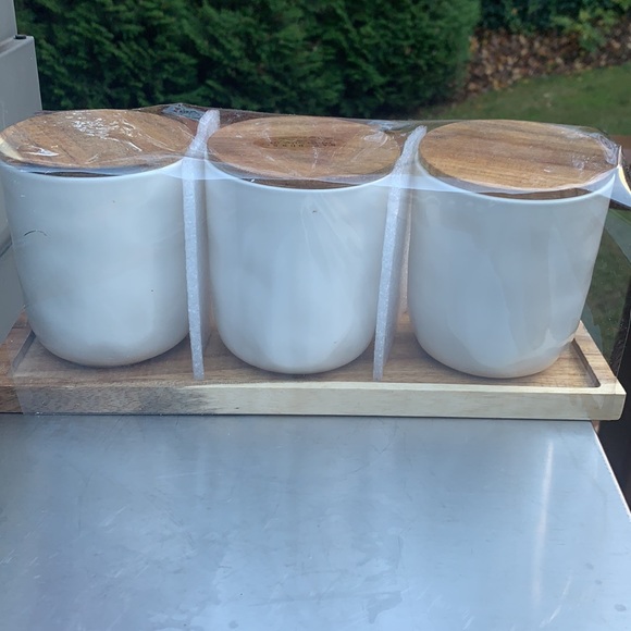 New Rae Dunn HOLD / KEEP / STORE canister set on wooden stand. - Picture 8 of 9